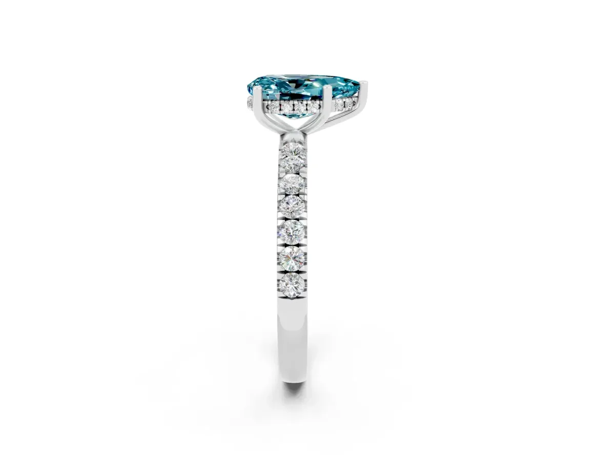 Pear Cut Blue Topaz Pave Band Solitaire Ring with Round and Prong Setting Platinum