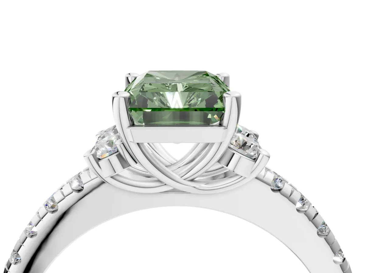 Fancy Green Radiant Cut Diamond Three-Stone Pave Band with Four-Prong Setting Platinum