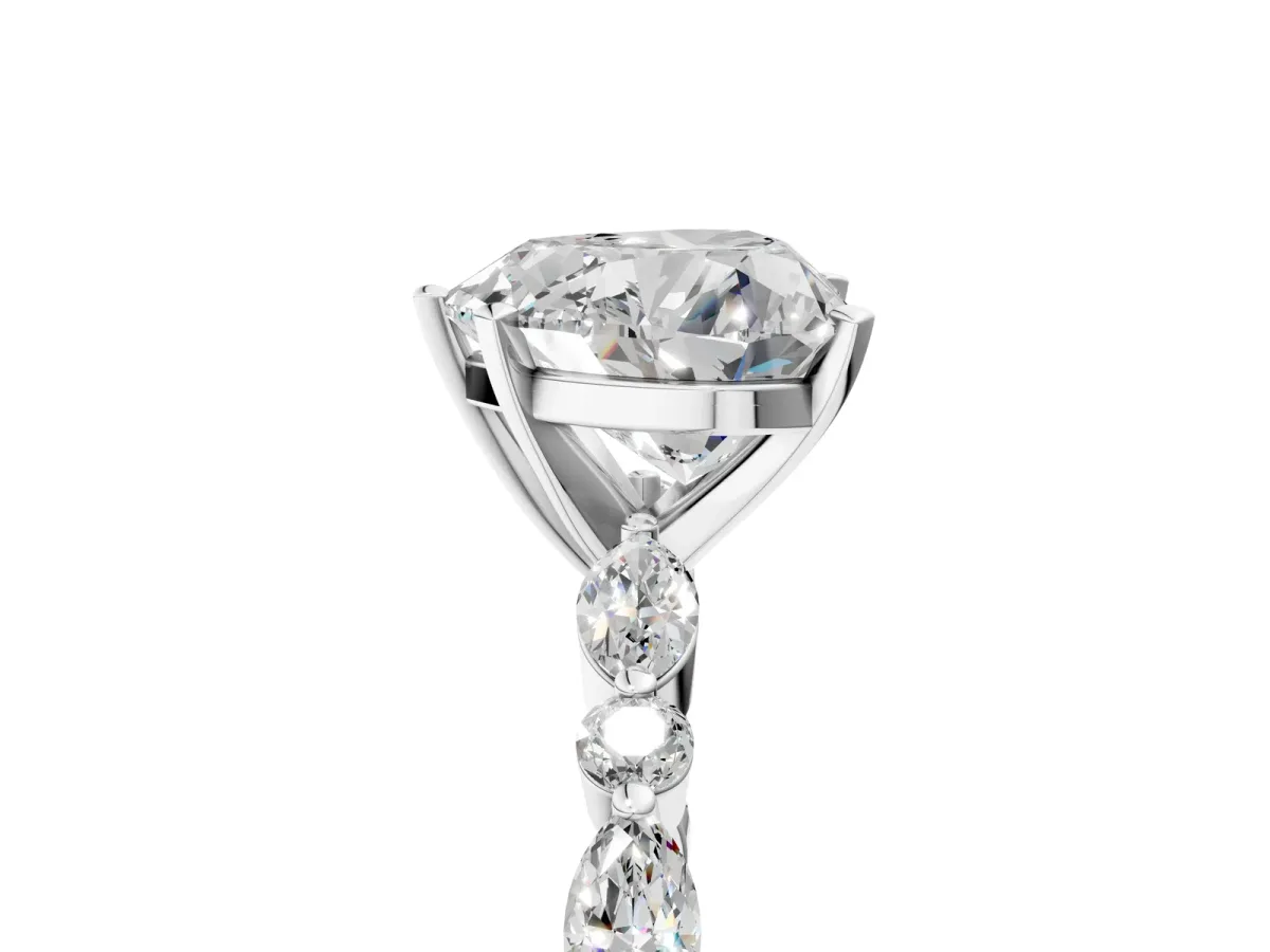 Heart Cut Diamond Ring with Marquise and Round Side Stones and Four-Prong Setting Silver