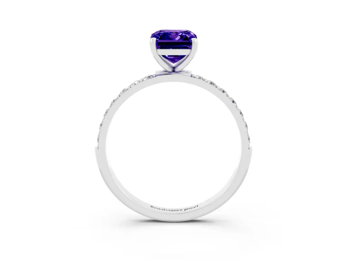Emerald Cut Tanzanite Solitaire Ring with Round Pavé Shoulders and Prong Setting Silver