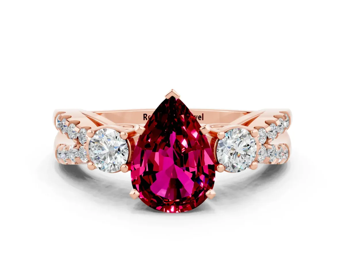 Pear Cut Garnet Three-Stone Ring with Pavé Split Shank and Four-Prong Setting Rose gold