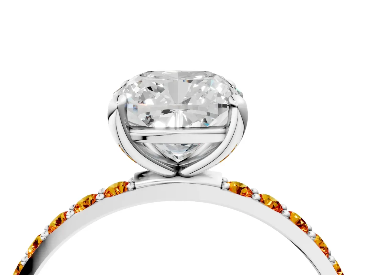 Cushion Cut Diamond Solitaire Ring with Round Citrine Pavé Band and Prong Setting Silver