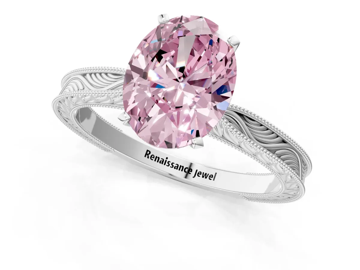 Fancy Pink Oval Cut Solitaire Milgrain Engraved Band with Four-Prong Setting White gold