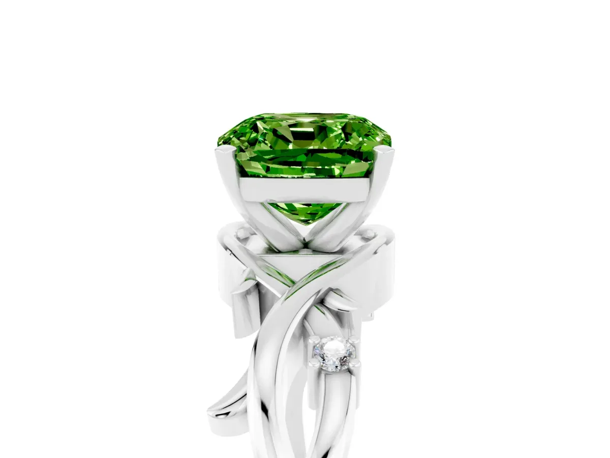 Cushion Cut Peridot Solitaire Ring with Twisted Band and Prong Setting Platinum