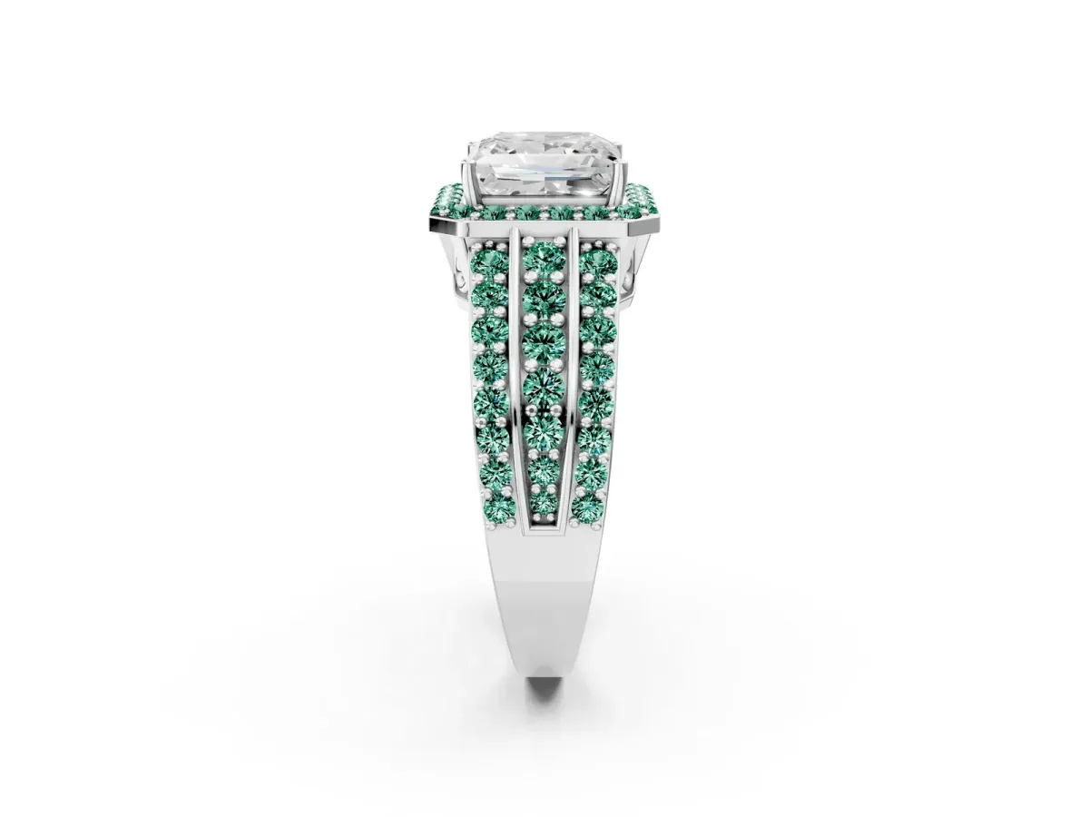 Princess Cut Halo Diamond Ring with Round Green Sapphire Split Shank and Prong Setting Silver