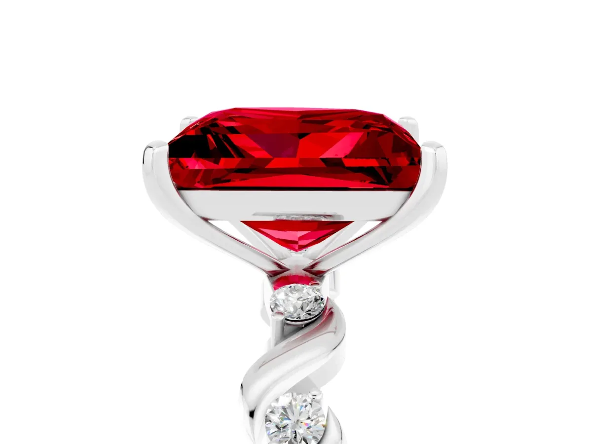 Princess Cut Ruby Solitaire Twisted Band with Round Accents and Prong Setting White gold