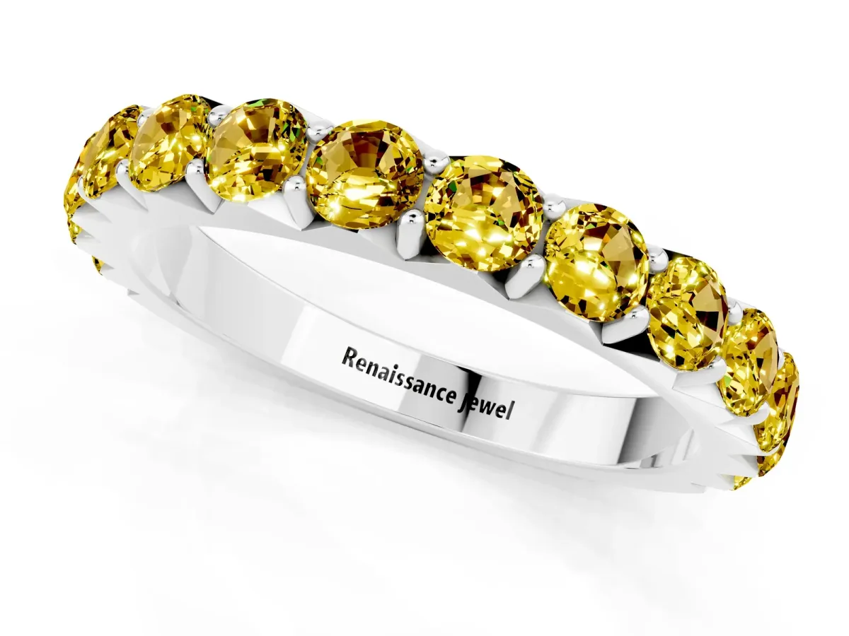 Round Yellow Sapphire Half Eternity Band with Classic Prong Setting Silver