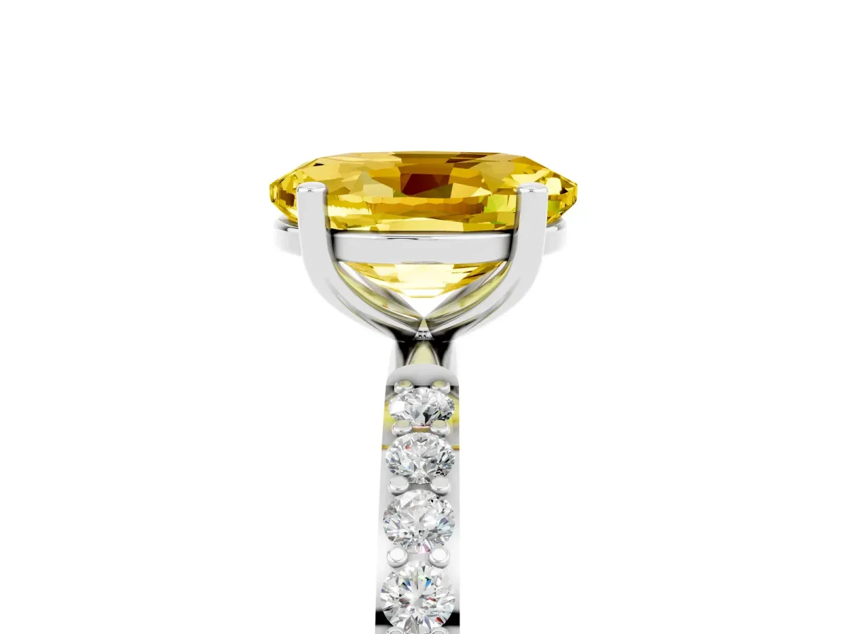 Oval Cut Yellow Sapphire Solitaire Ring with Round Pavé Band and Prong Setting Silver