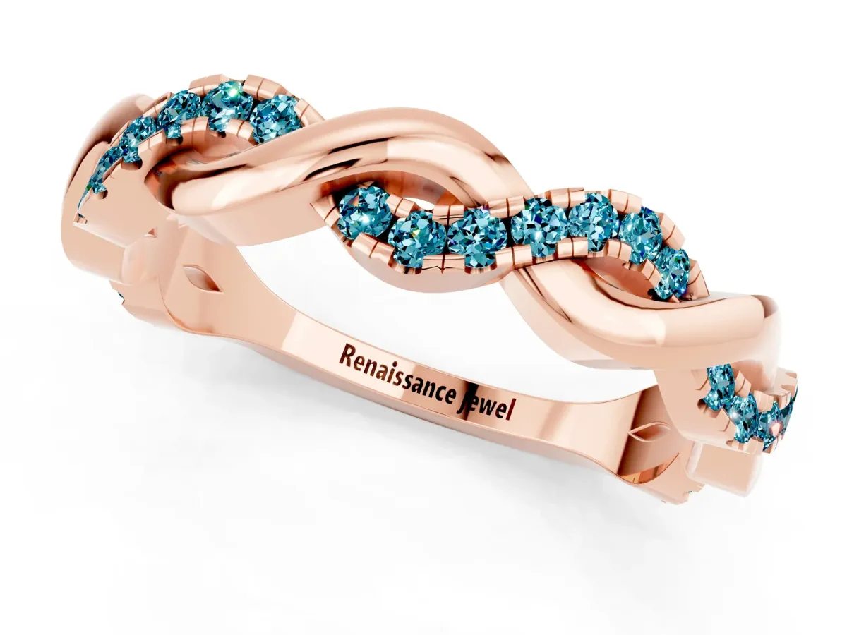 Pavé Round Blue Topaz Twist Eternity Band with Shared Prong Setting Rose gold