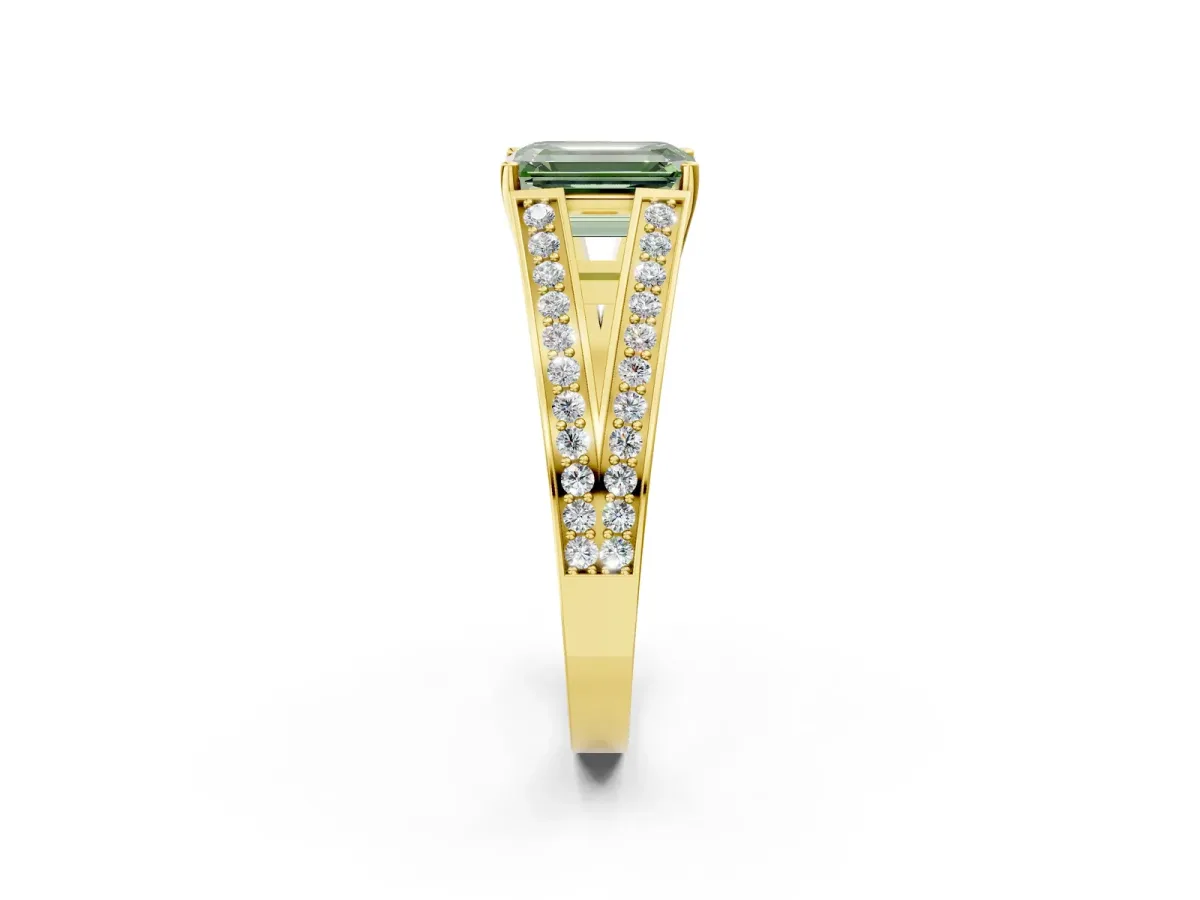 Fancy Green Emerald Cut Diamond Split Shank Ring with Pavé Band and Four-Prong Setting Yellow gold