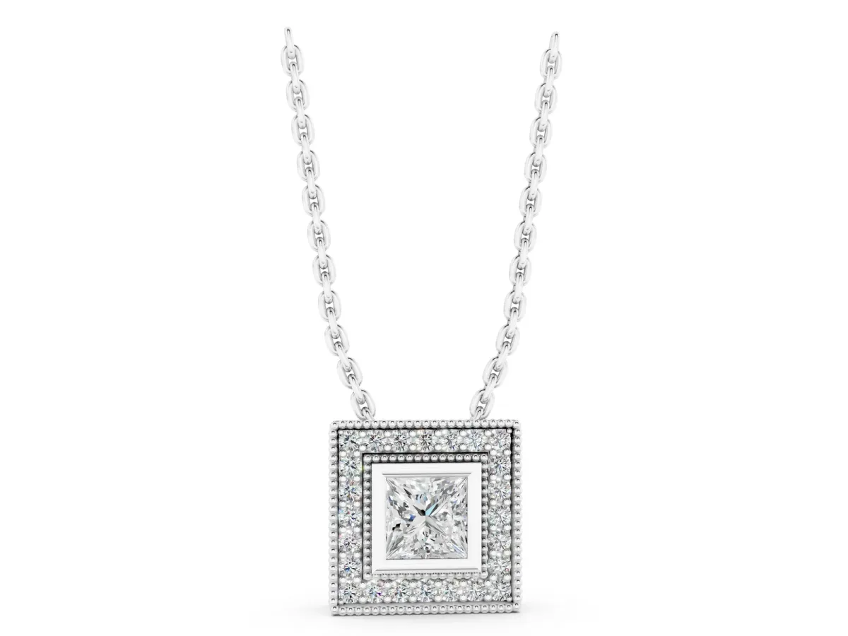 Square Halo Princess Cut Pendant with Bezel Setting White gold
