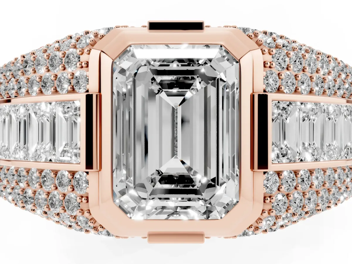 Emerald Cut Diamond Mens Ring with Side Stones Rose gold