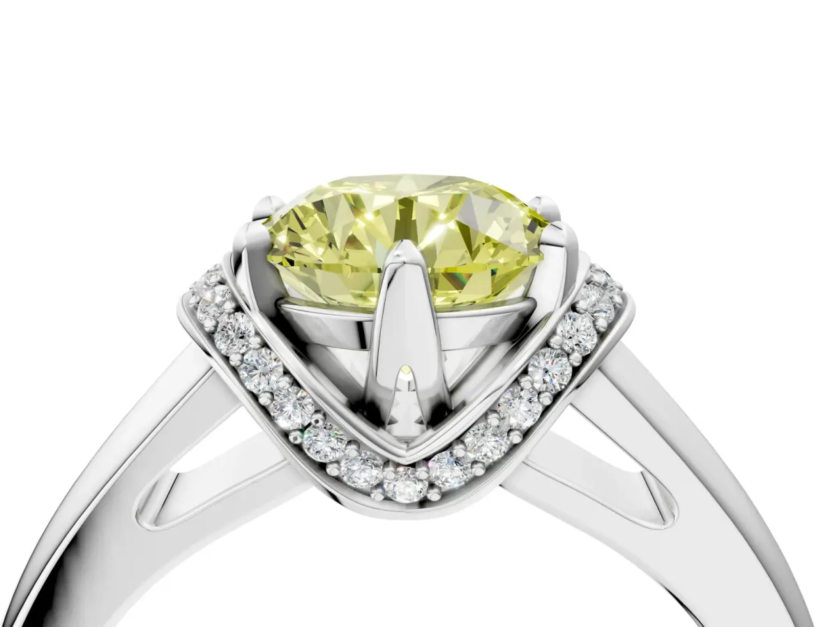 Fancy Yellow Round Cut Solitaire Diamond Ring with Pave Band and Six-Prong Setting Silver
