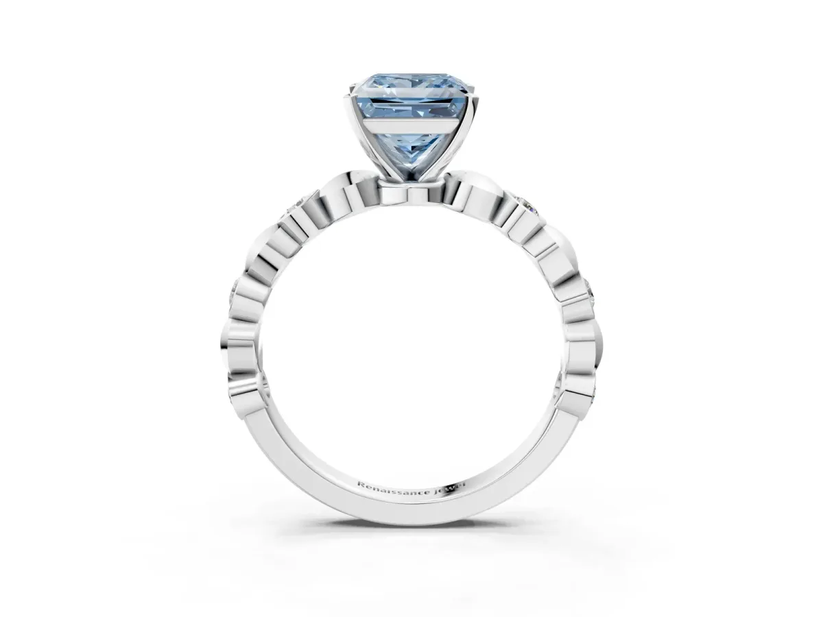 Fancy Blue Princess Cut Solitaire Bezel-Set Diamond Ring with Beaded Band and Four-Prong Setting Silver