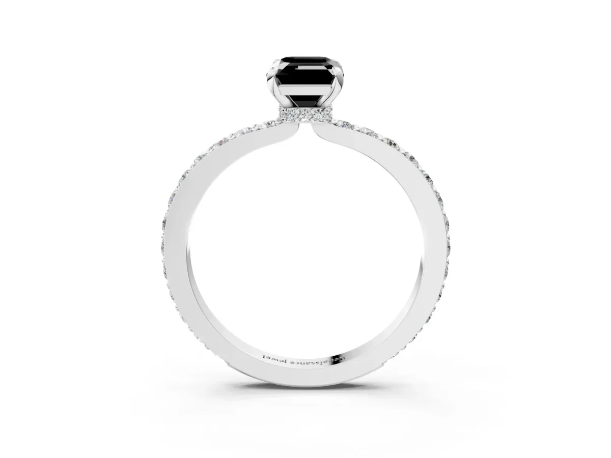 Fancy Black Emerald Cut Diamond Solitaire Engagement Ring with Pavé Band and Four-Prong Setting Silver