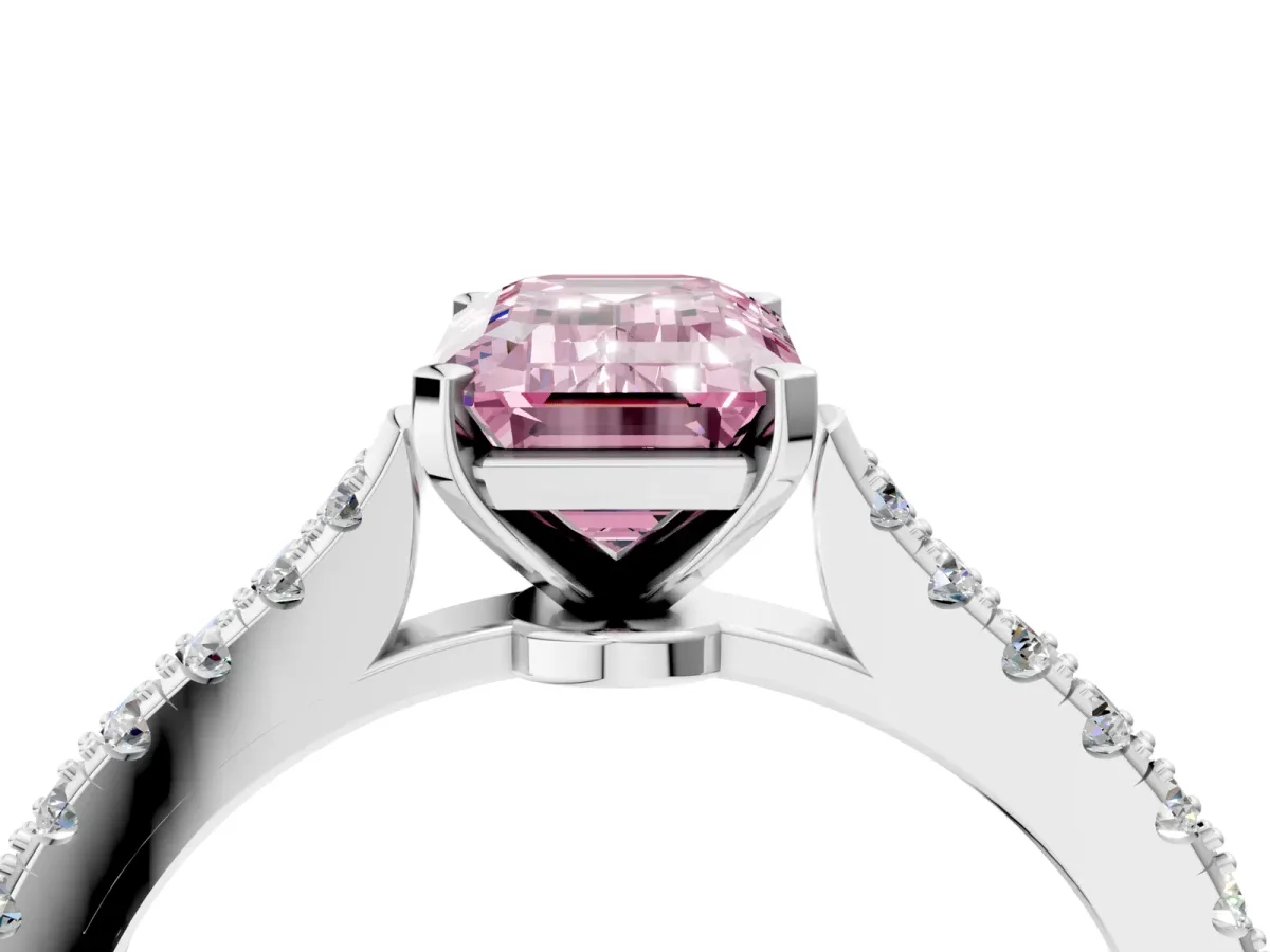 Fancy Pink Emerald Cut Cut Solitaire Diamond Engagement Ring with Pave Band and Four-Prong Setting Silver