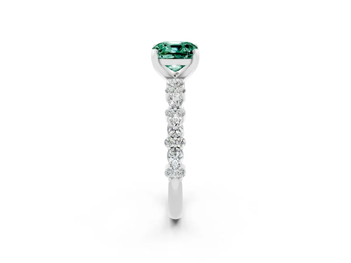 Cushion Cut Green Sapphire Side Stone Solitaire Ring with Round and Four-Prong Setting Silver