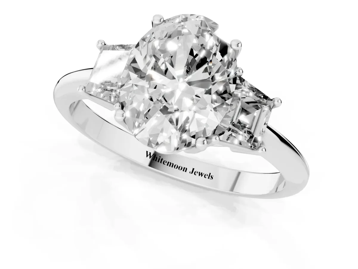 Oval Cut Diamond Three-Stone Ring with Trapezoid Side Stones and Prong Setting Silver