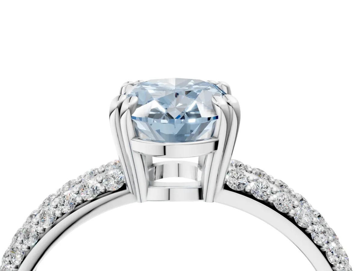Fancy Blue Oval Cut Diamond Solitaire Ring with Multi-Row Round Pavé Band and Prong Setting White gold