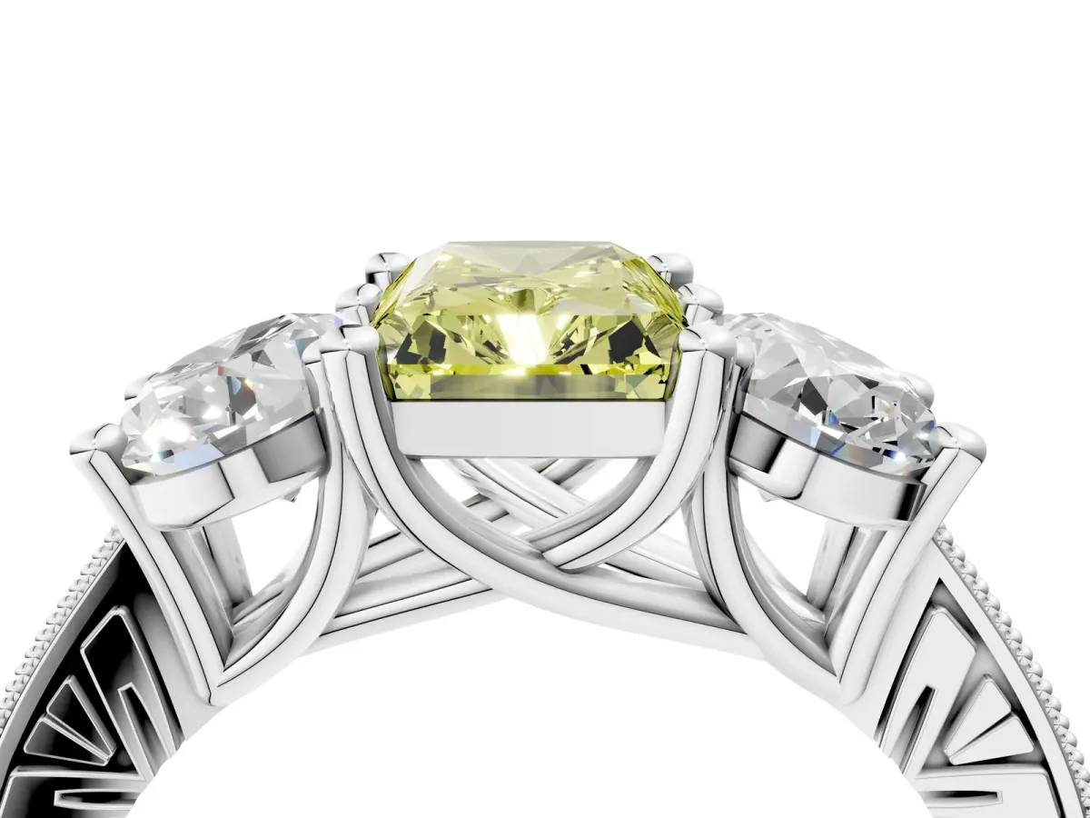 Fancy Yellow Three-Stone Radiant Cut Diamond Milgrain Pave Band with Prong Setting Platinum