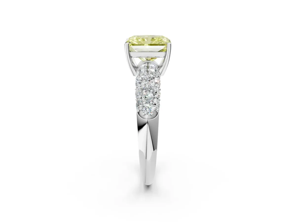 Fancy Yellow Radiant Cut Diamond Pavé Band Solitaire Ring with Four-Prong Setting Platinum