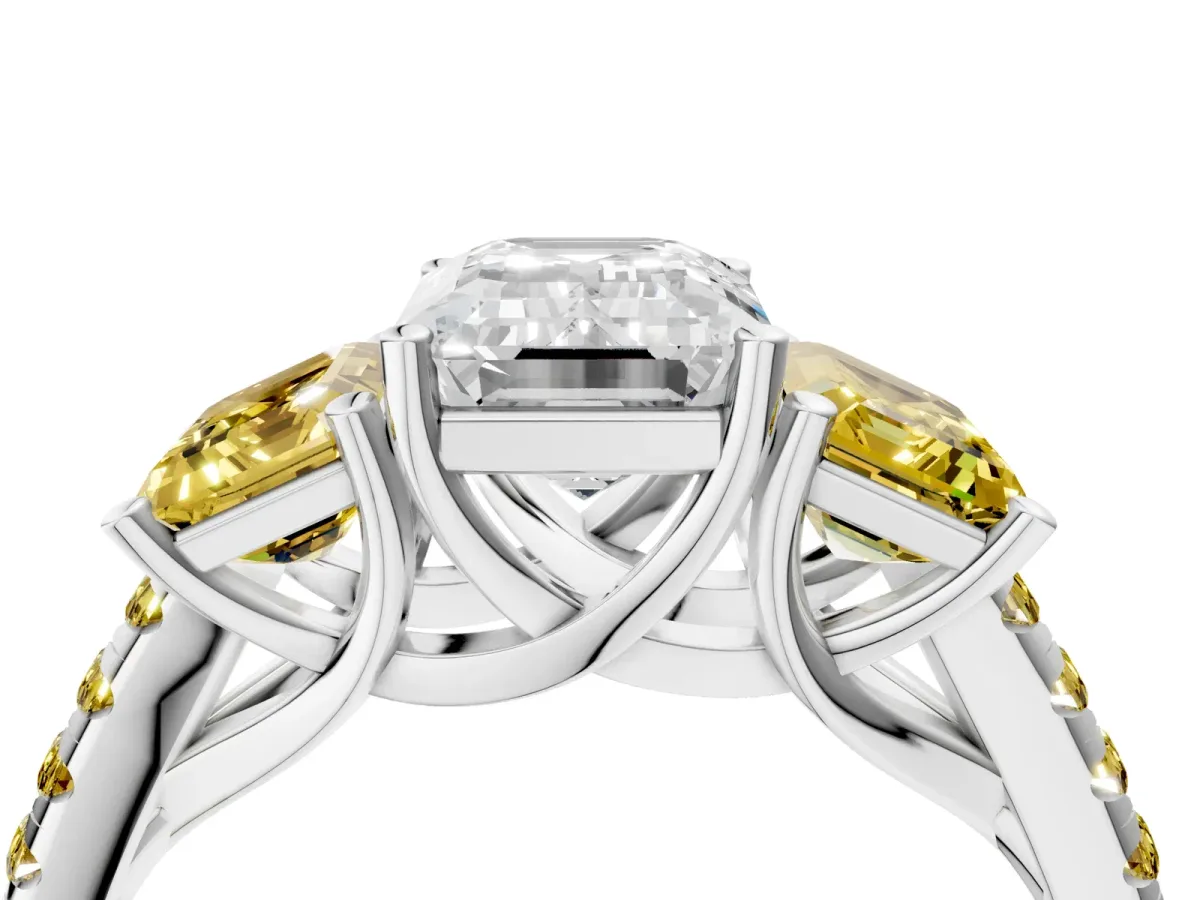 Three-Stone Emerald Cut Diamond Ring with Round Yellow Sapphire Pavé Band and Prong Setting Silver