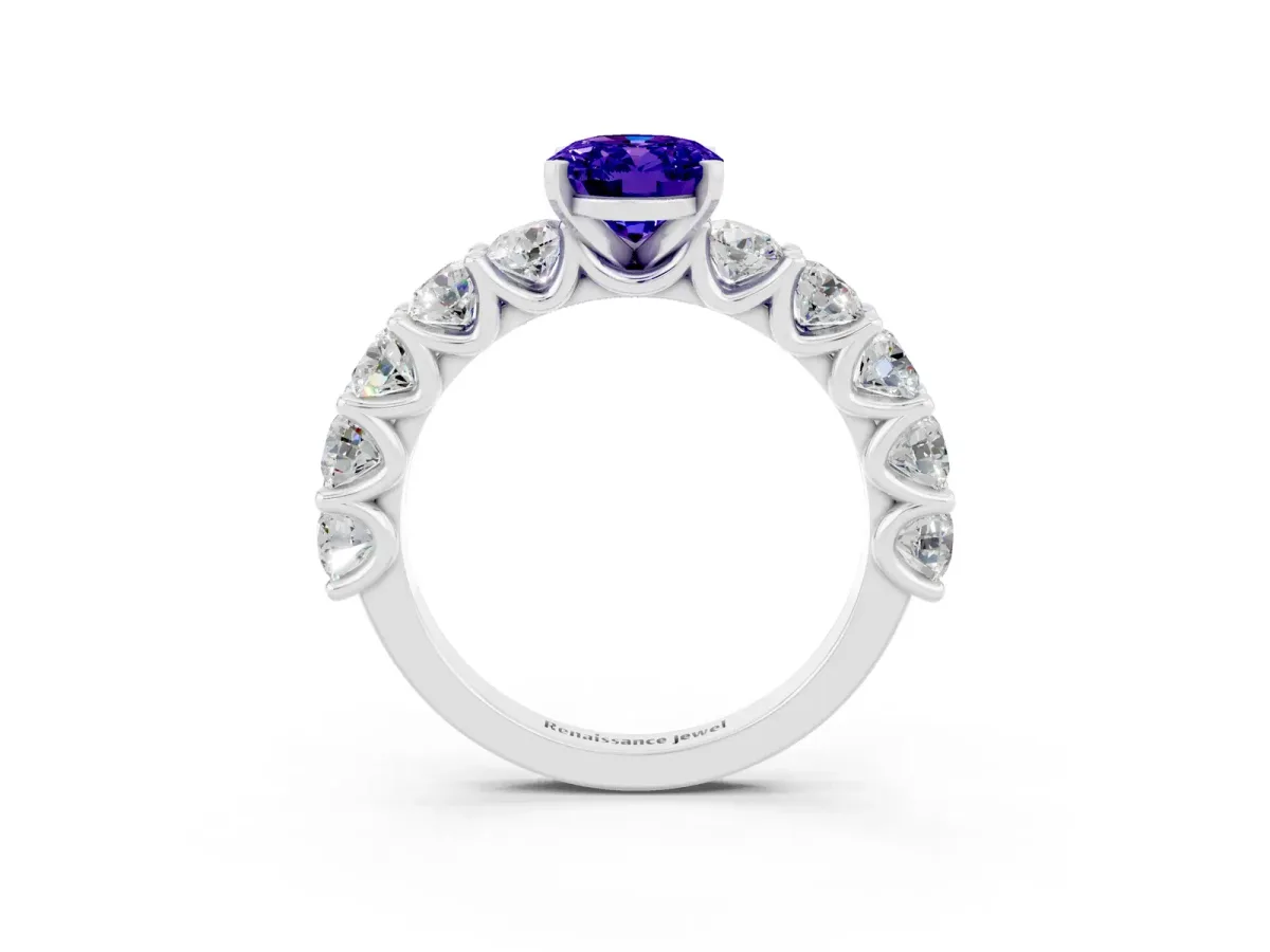 Oval Cut Tanzanite Prong Setting with Side Stones on a Pave Band Silver