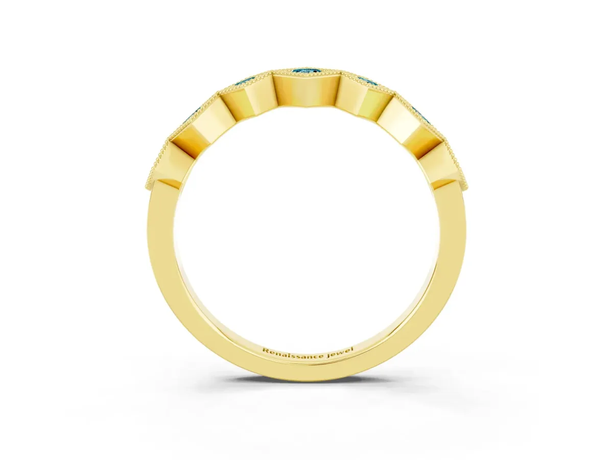 Milgrain Square Bezel Round Blue Topaz Chevron Band Yellow gold