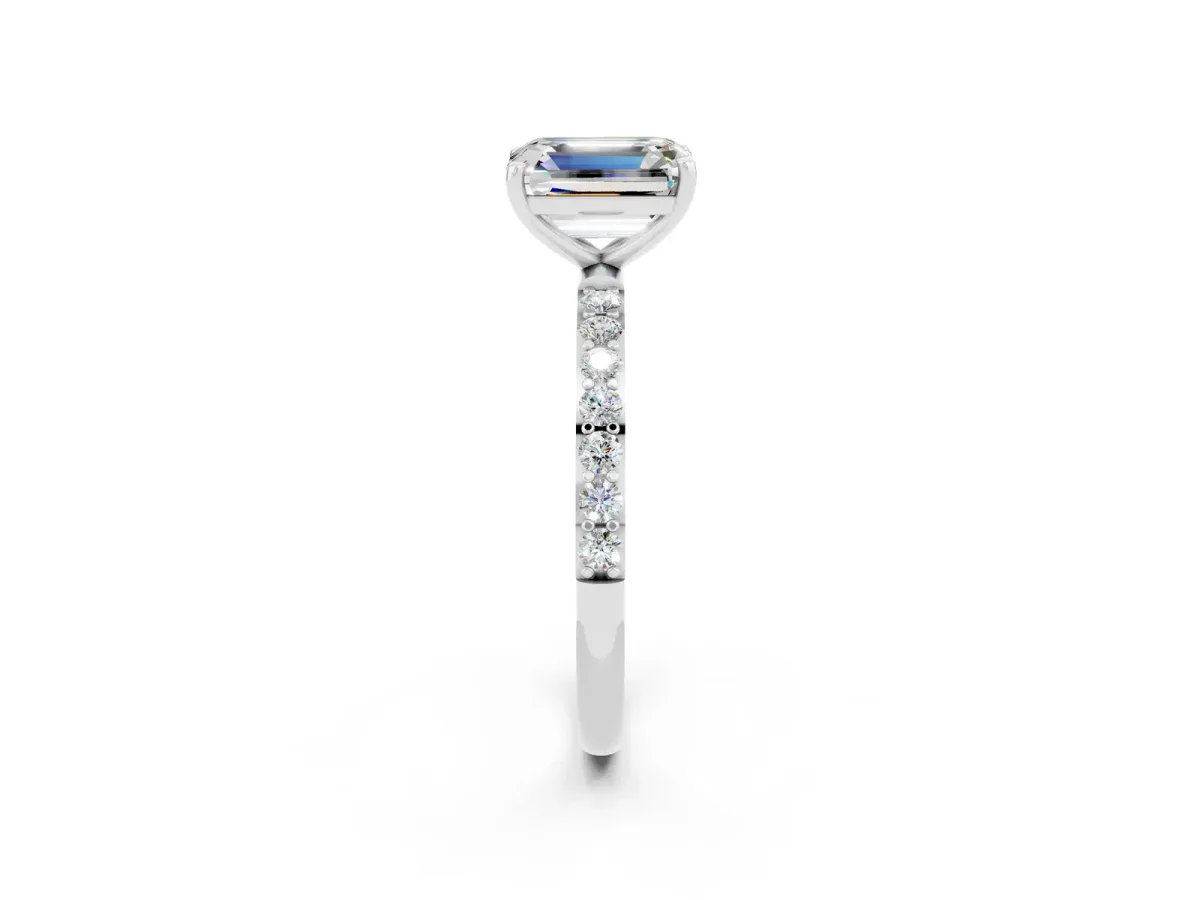 Emerald Cut Moissanite Solitaire Ring with Round Pavé Band and Prong Setting Platinum