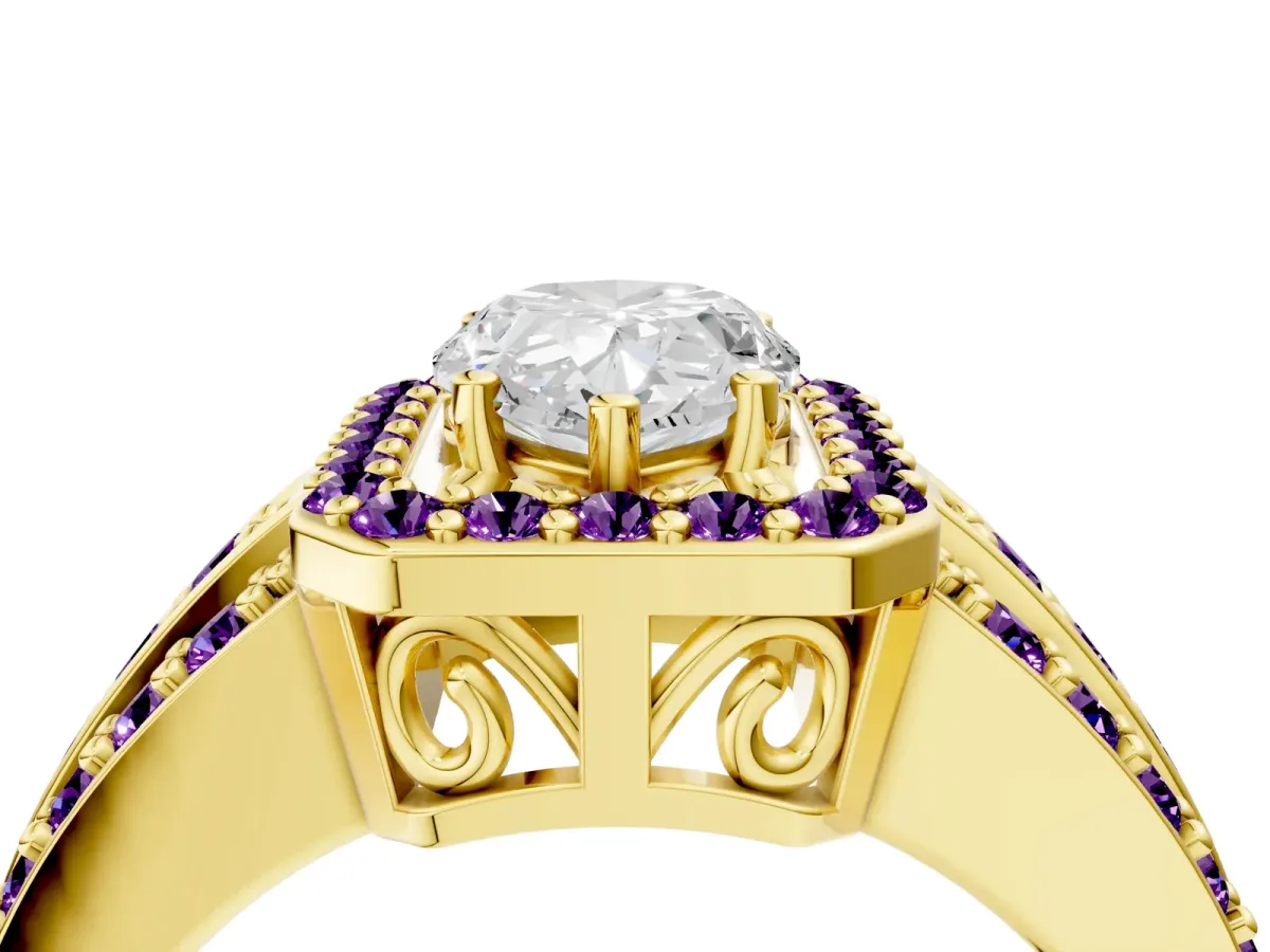 Pear Cut Halo Diamond Ring with Round Amethyst Split Shank and Prong Setting Yellow gold