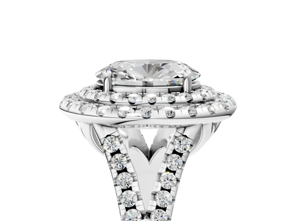 Double Halo Oval Cut Diamond Pavé Split Shank Ring with Prong Setting Silver