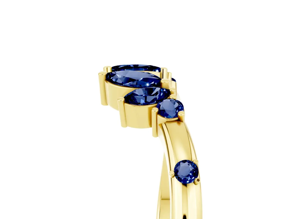 Open Marquise Cluster Blue Sapphire Band with Prong Setting Yellow gold