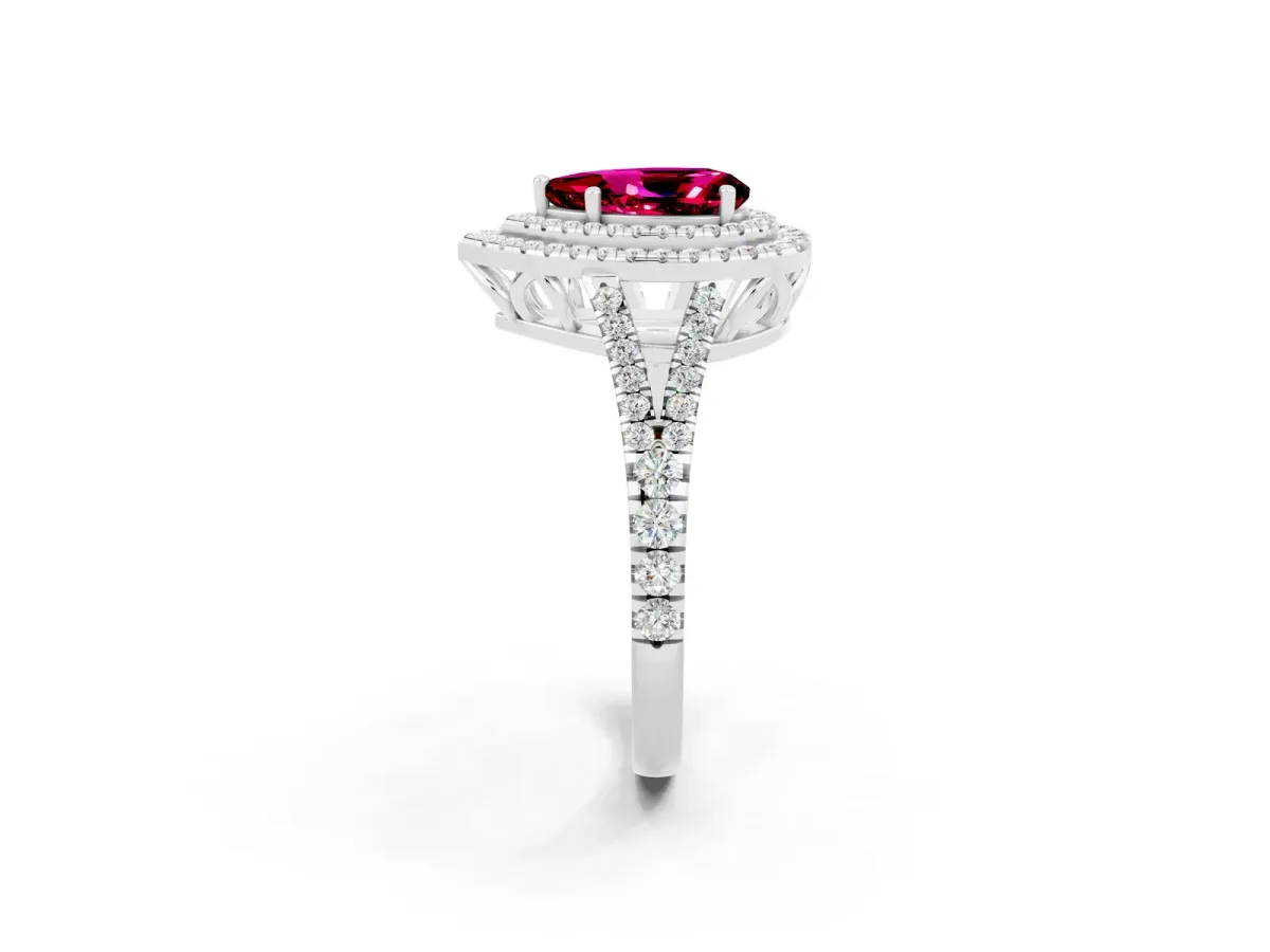 Pear Cut Garnet Double Halo Ring with Pavé Band and Prong Setting Silver
