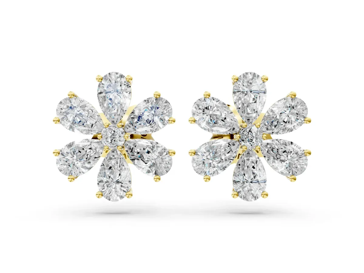 Pear Cut Diamond Floral Cluster Stud Earrings Yellow gold