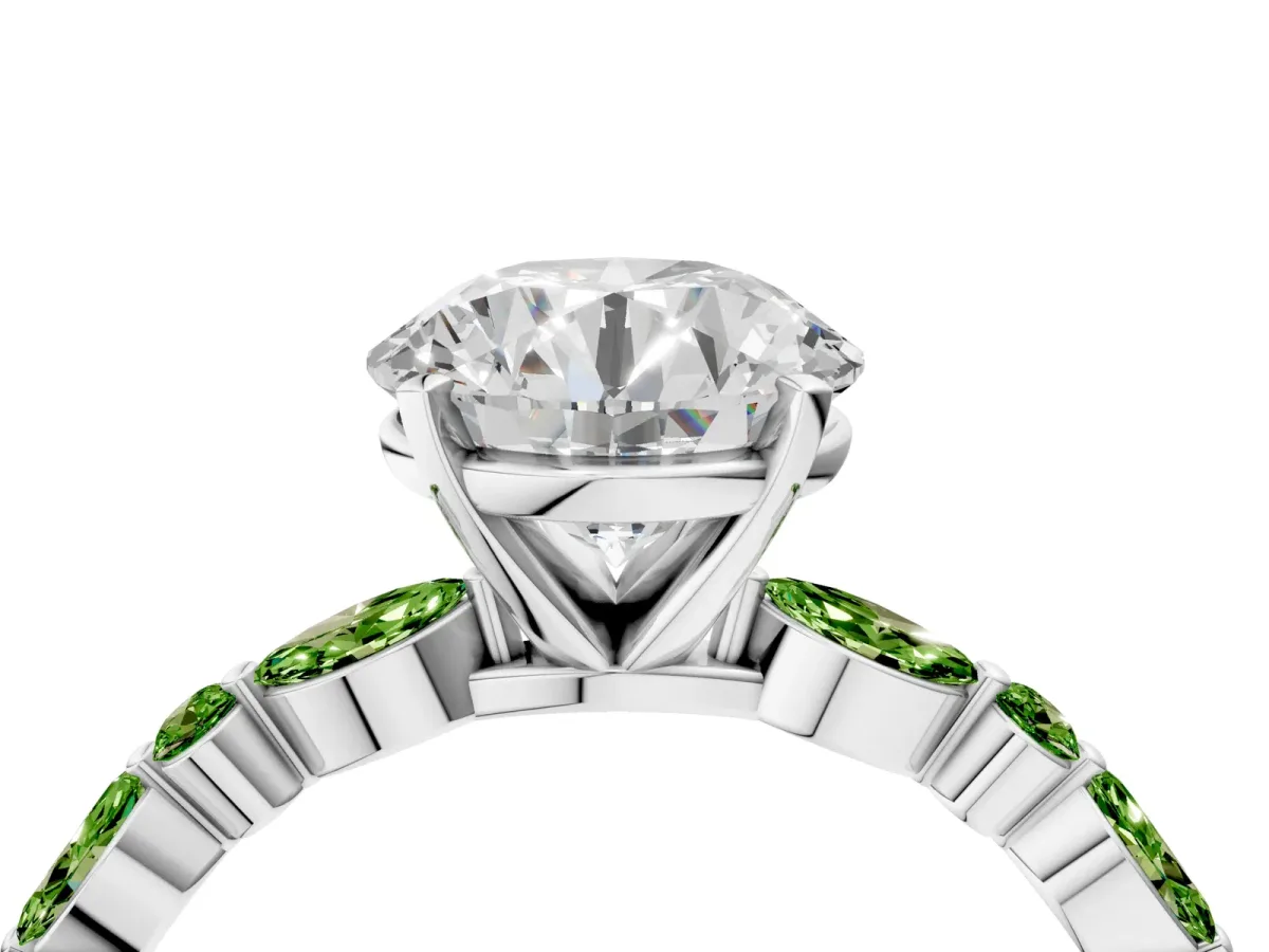 Round Cut Diamond Ring with Marquise and Round Peridot Side Stones and Four-Prong Setting Silver