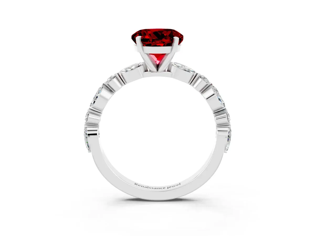 Round Cut Ruby Ring with Marquise and Round Side Stones and Four-Prong Setting Silver