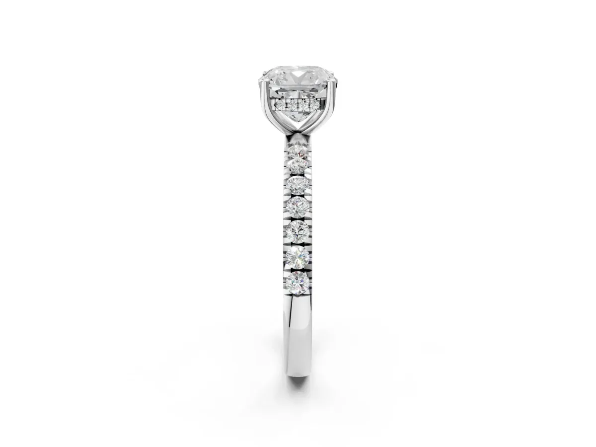 Cushion Cut Diamond Pave Band Solitaire Ring with Round Moissanite and Prong Setting Silver