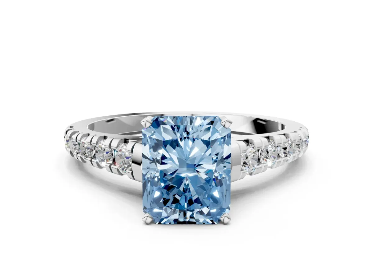 Fancy Blue Radiant Cut Diamond Cathedral Solitaire Ring with Round Pavé Band Silver