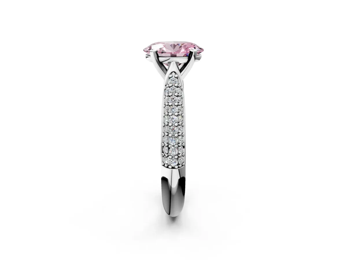 Fancy Pink Oval Cut Diamond Solitaire Engagement Ring with Multi-Row Round Pavé Band and Prong Setting Silver