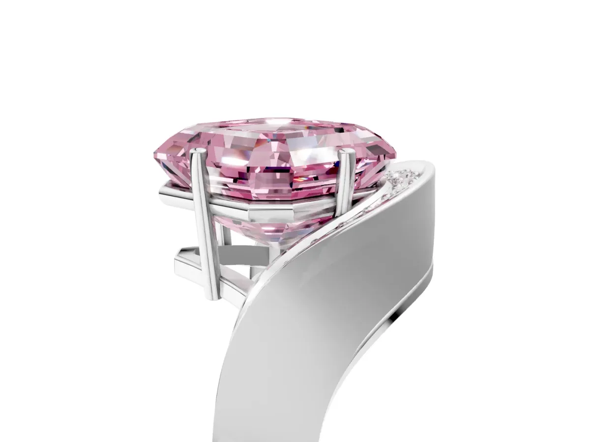 Fancy Pink Asscher Cut Solitaire Diamond Engagement Ring with Pave Band and Four-Prong Setting Silver