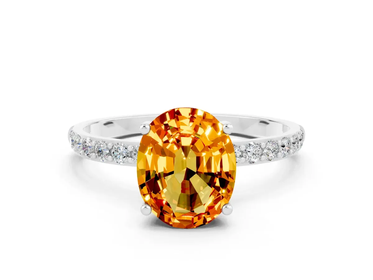 Oval Cut Citrine Solitaire Ring with Round Pavé Band and Prong Setting Silver