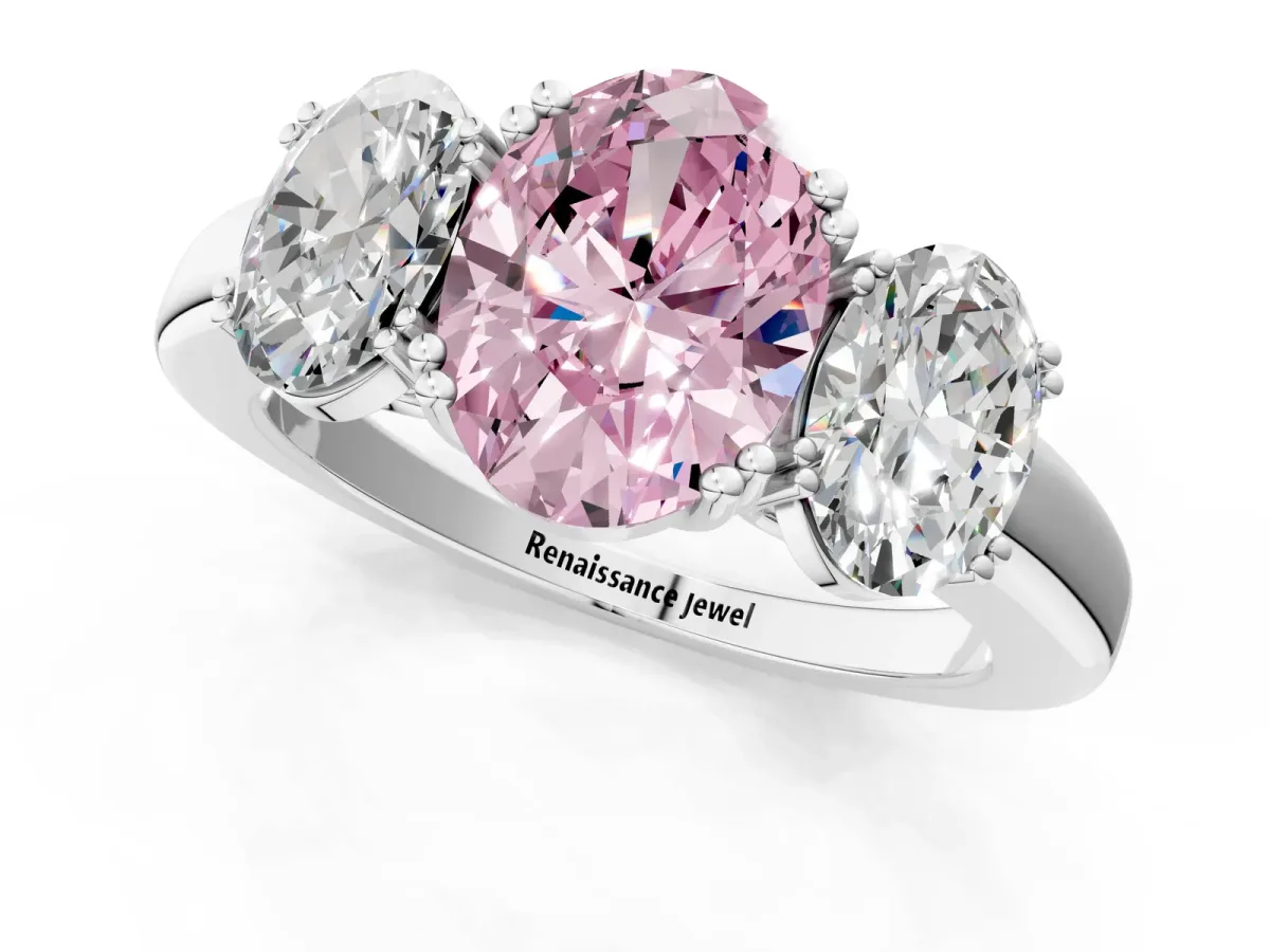 Fancy Pink Three-Stone Oval Cut Cut Diamond Ring with Channel Set Band and Four-Prong Setting Silver
