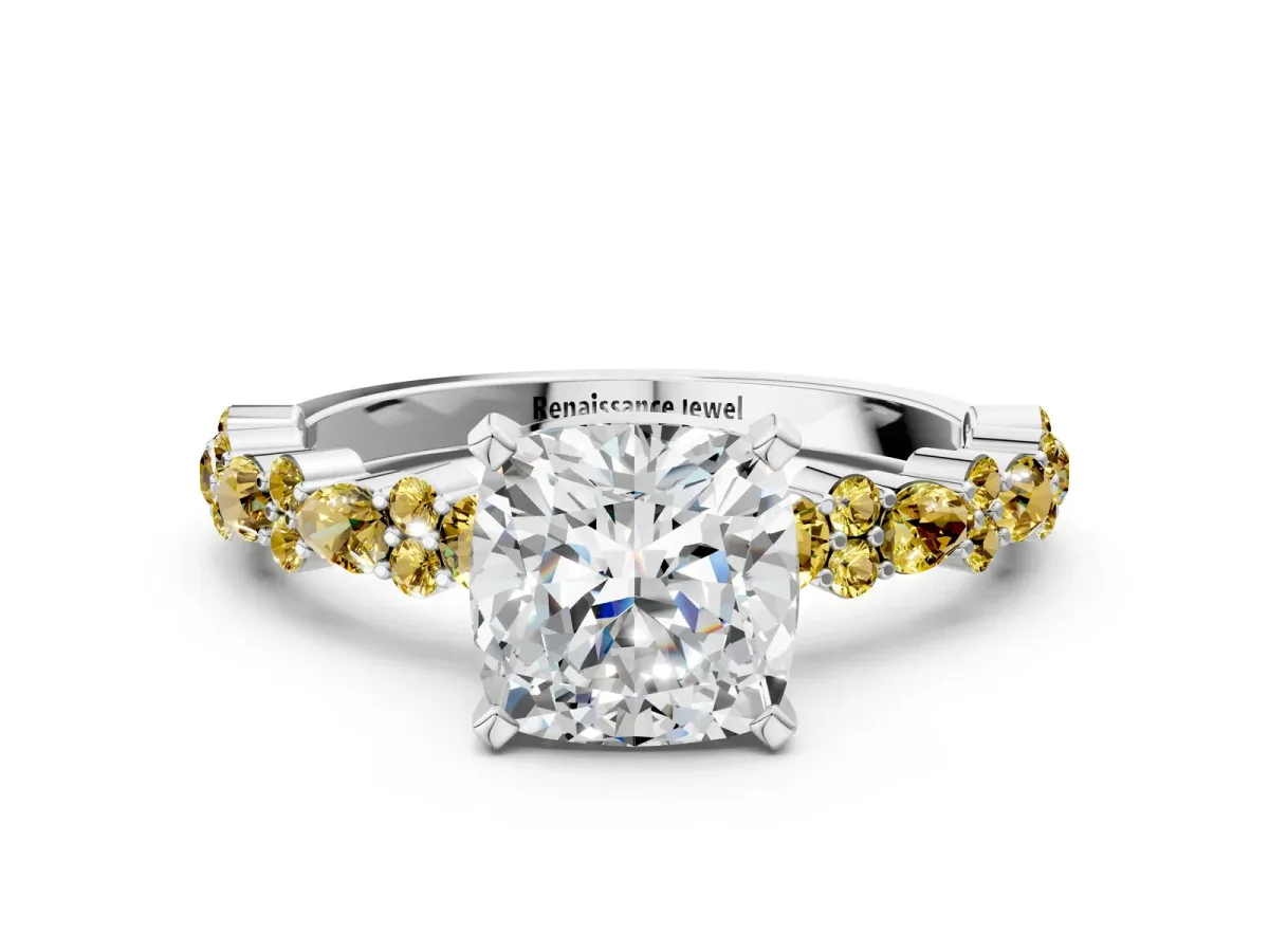Cushion Cut Diamond Side Stone Solitaire Ring with Round Yellow Sapphire and Four-Prong Setting Silver