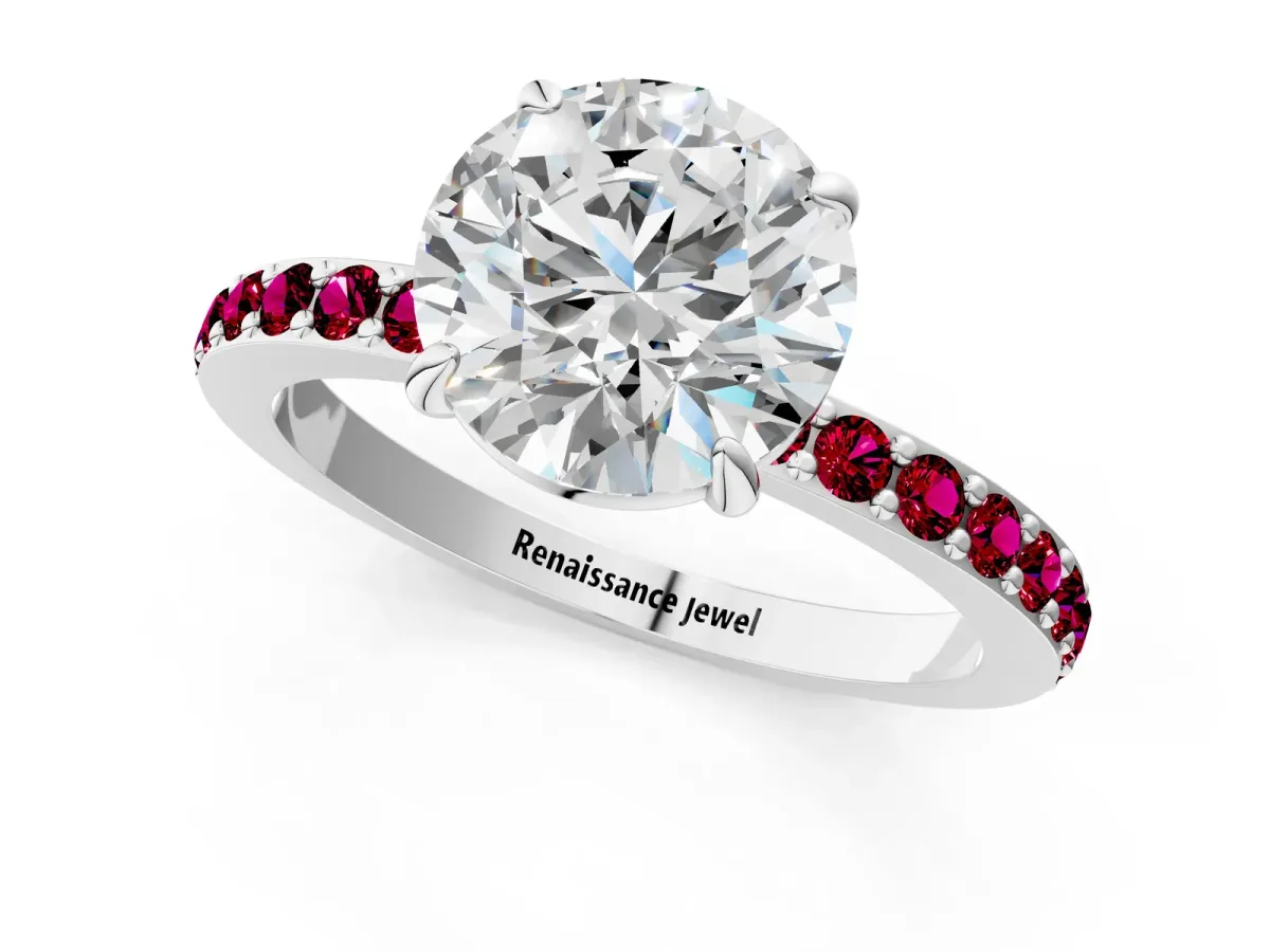 Round Cut Diamond Pavé Engagement Ring with Round Garnet Accents and Prong Setting Silver