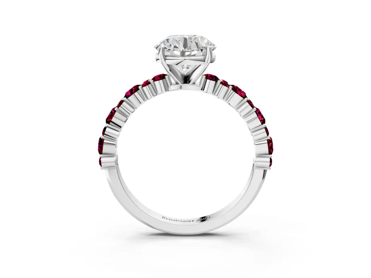Round Cut Diamond Side Stone Solitaire Ring with Round Garnet and Four-Prong Setting Platinum