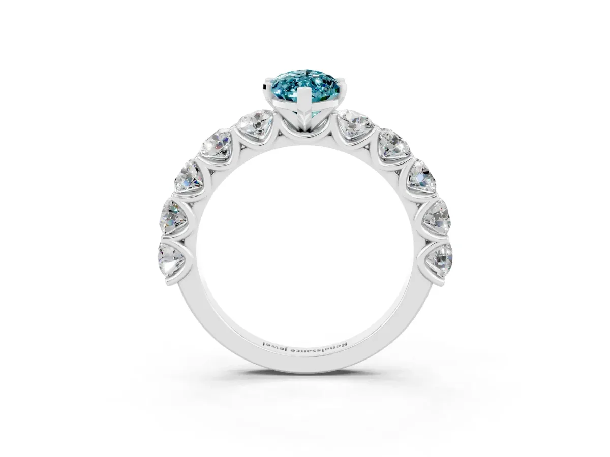 Marquise Cut Blue Topaz Prong Setting with Side Stones on a Pave Band Silver