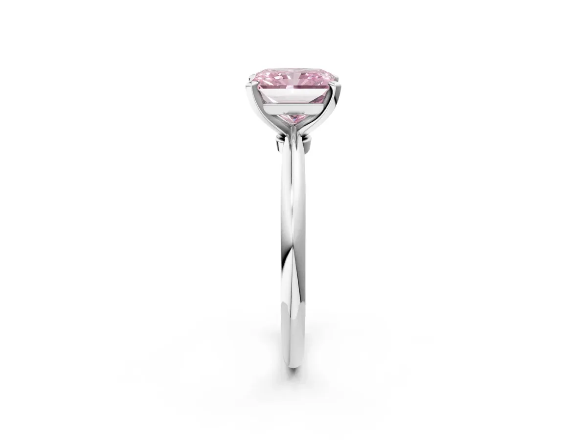 Fancy Pink Radiant Cut Diamond Solitaire Ring with Six-Prong Setting and Classic Band Silver