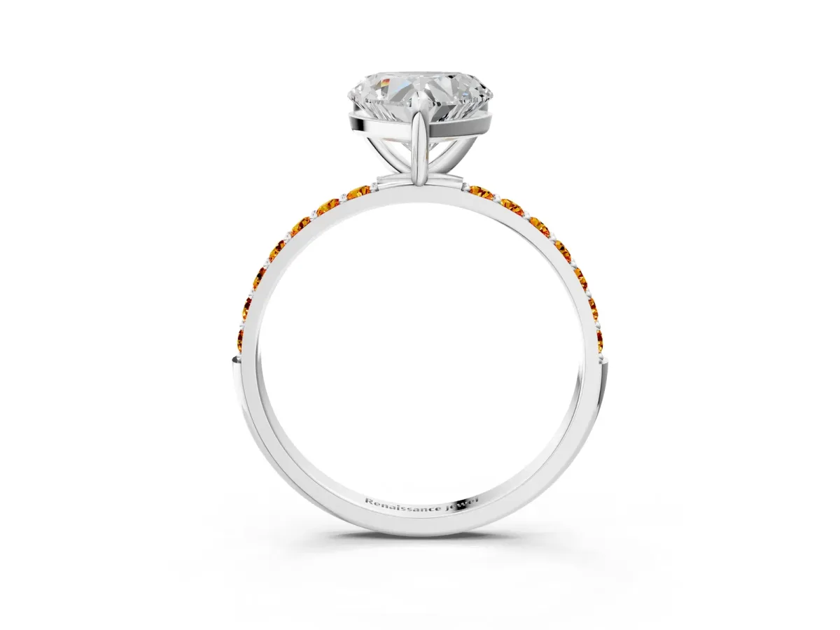 Heart Cut Diamond Solitaire Ring with Round Citrine Pavé Band and Prong Setting Silver