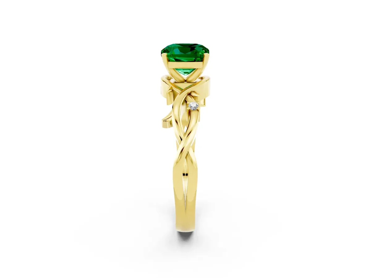 Cushion Cut Emerald Solitaire Ring with Twisted Band and Prong Setting Yellow gold