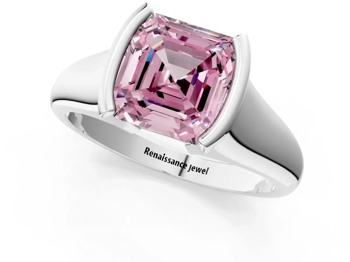 Fancy Pink Asscher Cut Solitaire Tension Set Diamond Ring with Split Shank Band Platinum